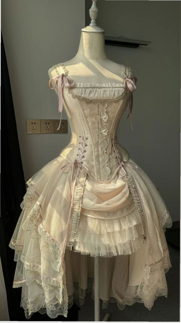 Light Apricot Lace-Up Bowknot Tiered Lolita Dress gh6397