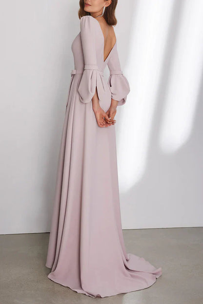 Chiffon A-line spoon 3/4 sleeve waistband with trailing mother of the bride dress