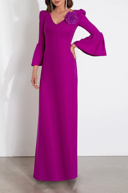 Elegant and luxurious V-neck long sleeved floral embossed formal mother of the bride dress