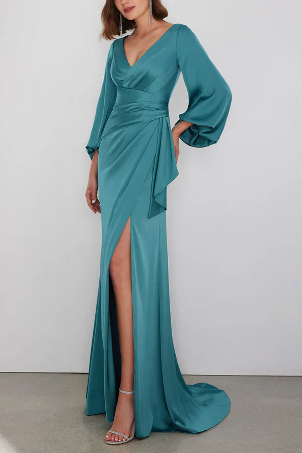 Leisure speaker V-neck long sleeved side slit mother of the bride dress