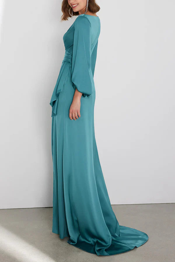 Leisure speaker V-neck long sleeved side slit mother of the bride dress