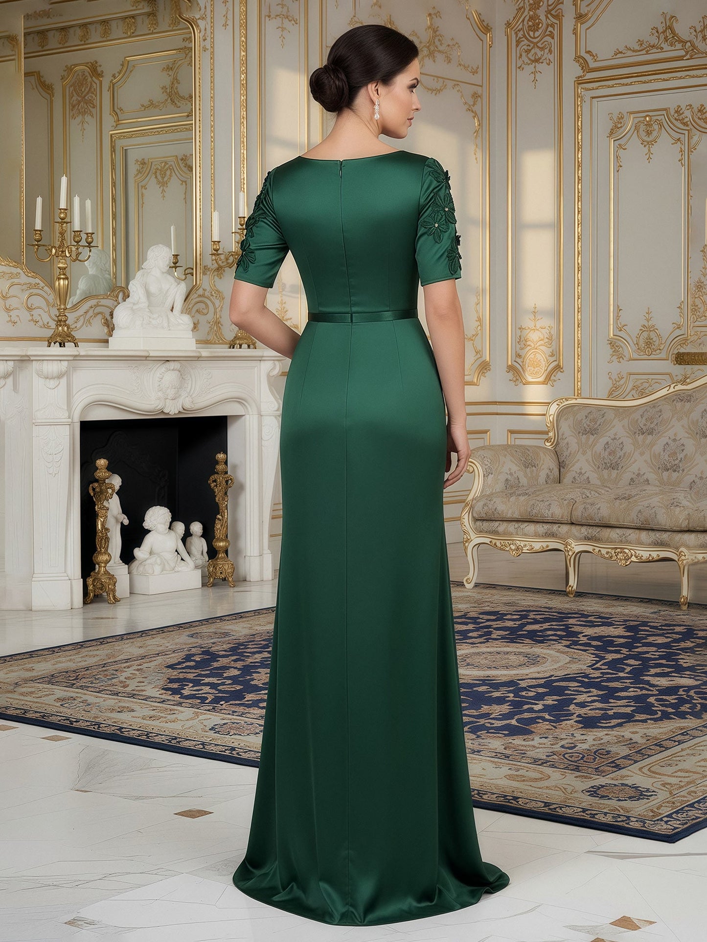 V-neck Half Sleeves Sheath Dress With Flowers Dark Green