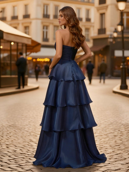 A-line Pleated Strapless Tiered Long Dress Dark Navy