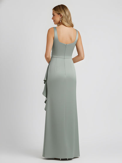 Square Neck Ruffle Slit Satin Column Gown Dusty Sage