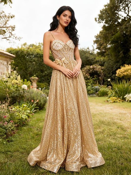 Dazzling Sequin A-Line Gown with Corset Bodice Gold
