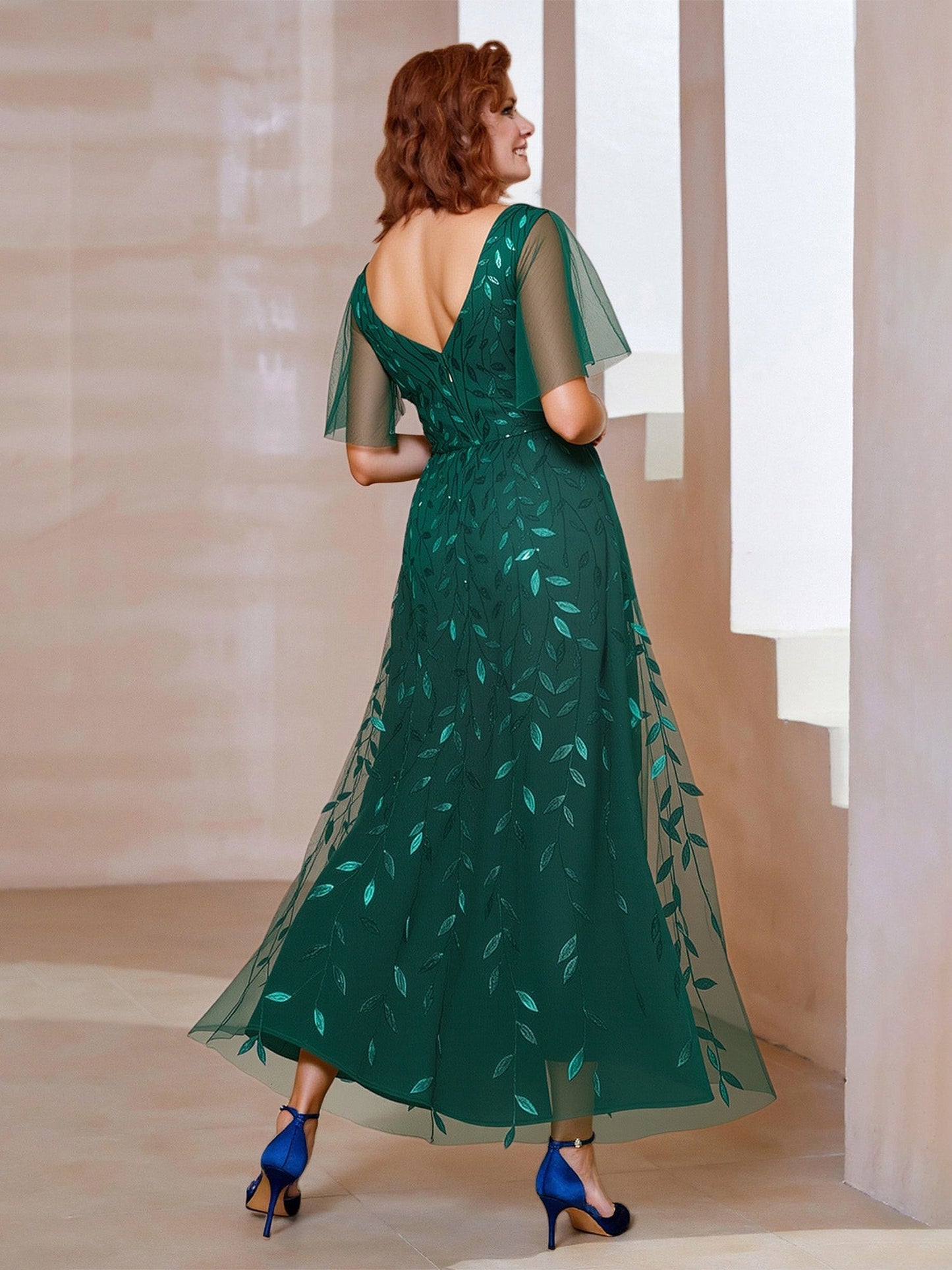 Embroidered Leaf Sequin Mesh Maxi Dress with Flutter Sleeves Dark Green