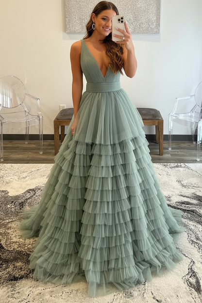 V Neck Layered Tulle Long Prom Dresses Orange Aline Formal Evening Dresses