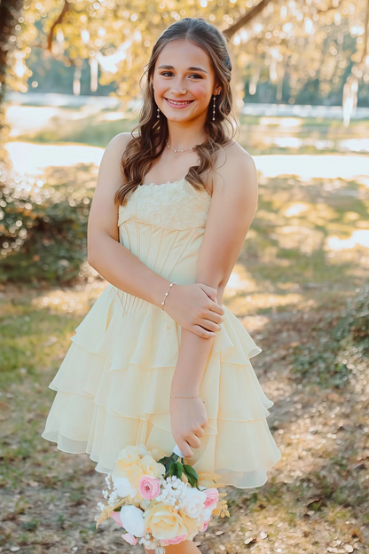 A-Line Strapless Empire-Waist Ruffles Chiffon Short Homecoming Dress with Appliques