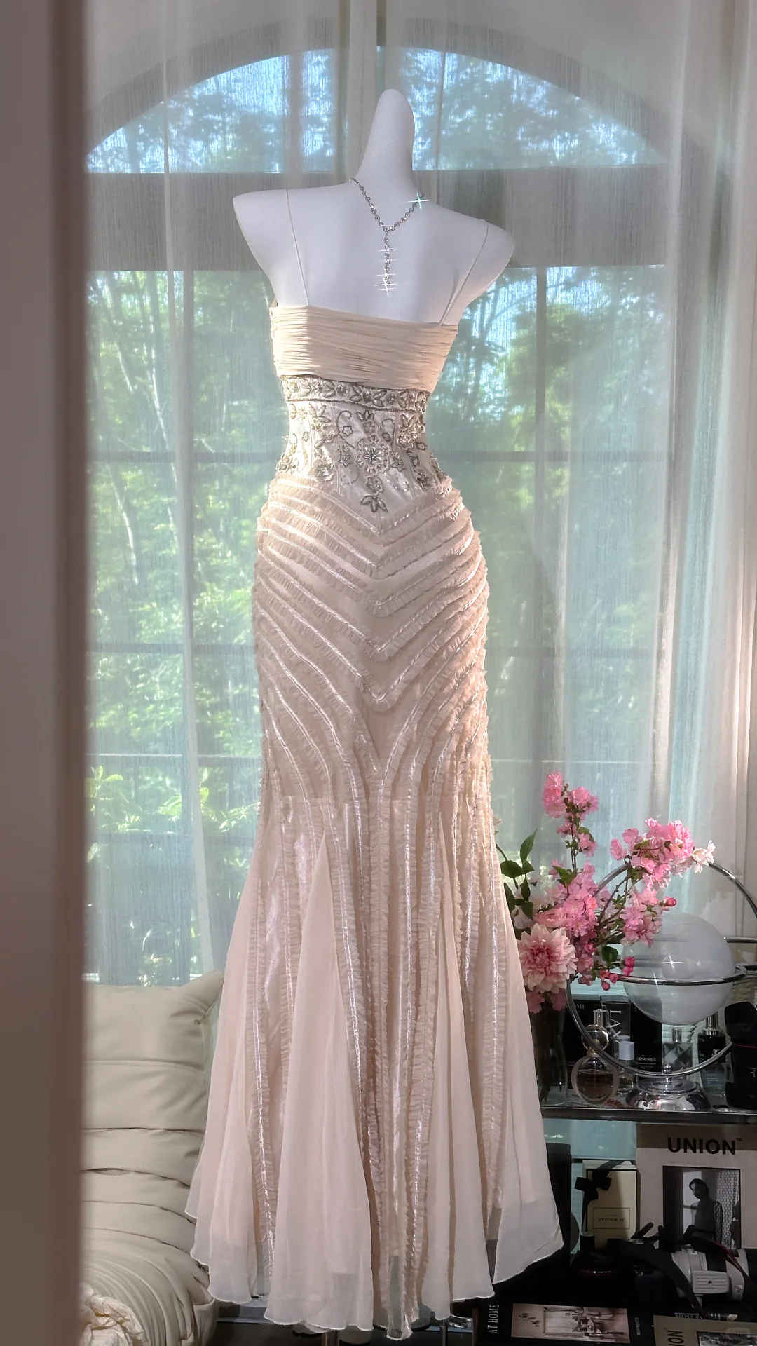 Gorgeous Pink Embroidery Spaghetti Strap Mermaid Chiffon Prom Dress Evening Dress HZ1024