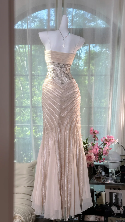 Gorgeous Pink Embroidery Spaghetti Strap Mermaid Chiffon Prom Dress Evening Dress HZ1024