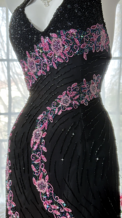 Retro Black V-neck Applique Design Romantic Chiffon Evening Dress Prom Dress HZ1024