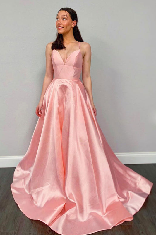 Simple pink v neck satin long prom dress pink evening dress