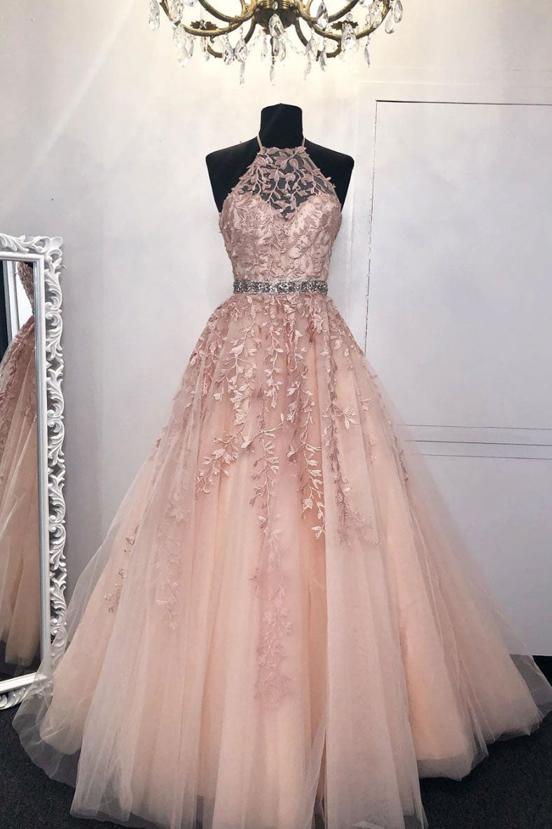 Pink tulle lace long prom dress pink tulle formal dress