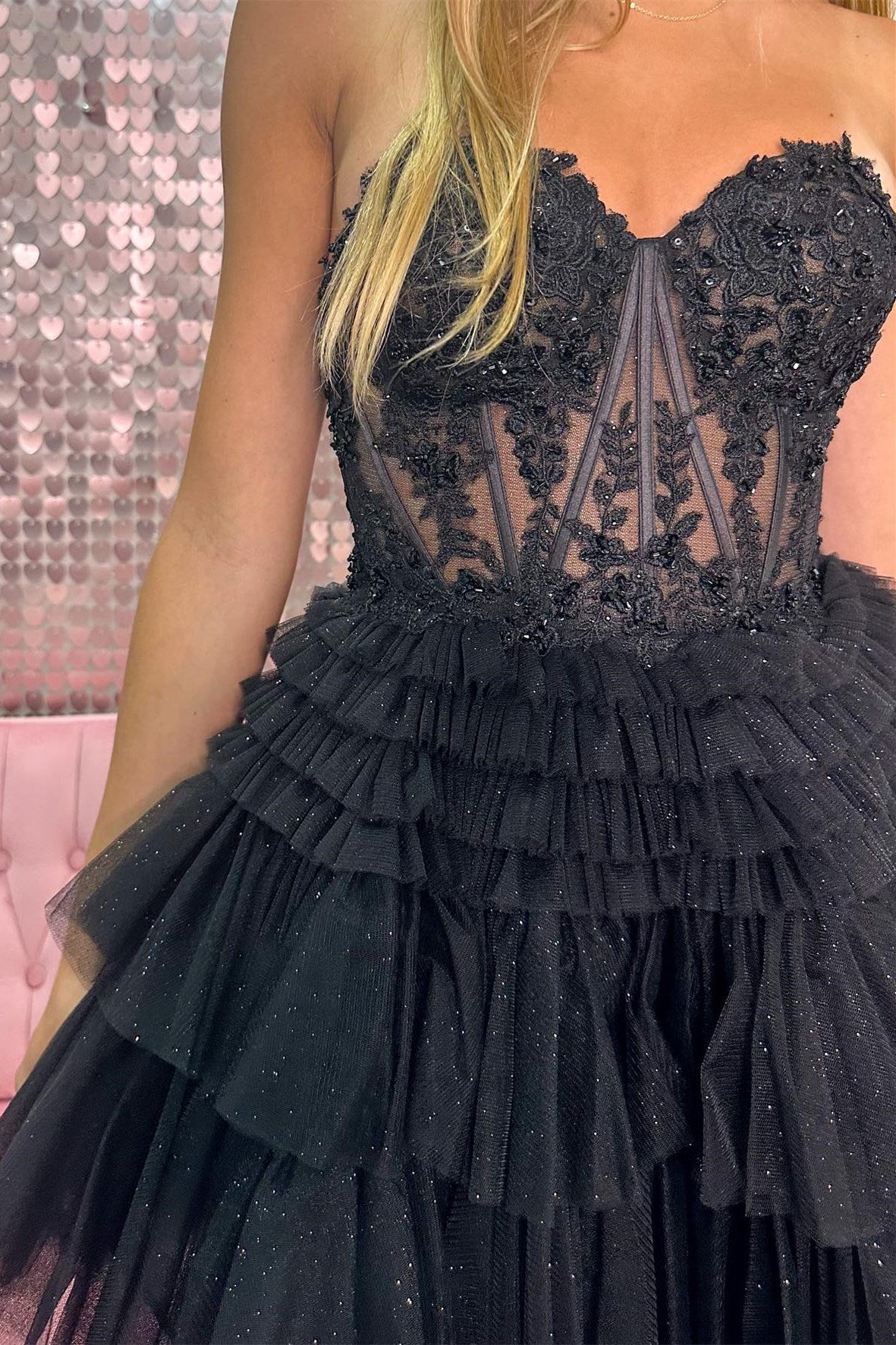 Strapless Tulle Sweetheart Tiered A-Line Short Homecoming Dress with Ruffles