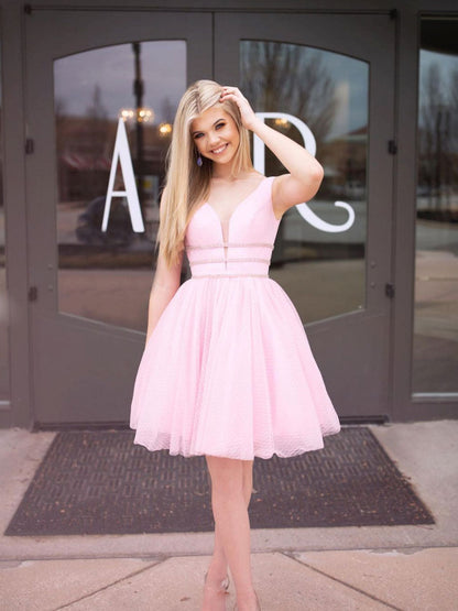 Pink v neck tulle short prom dress, cute pink homecoming dress