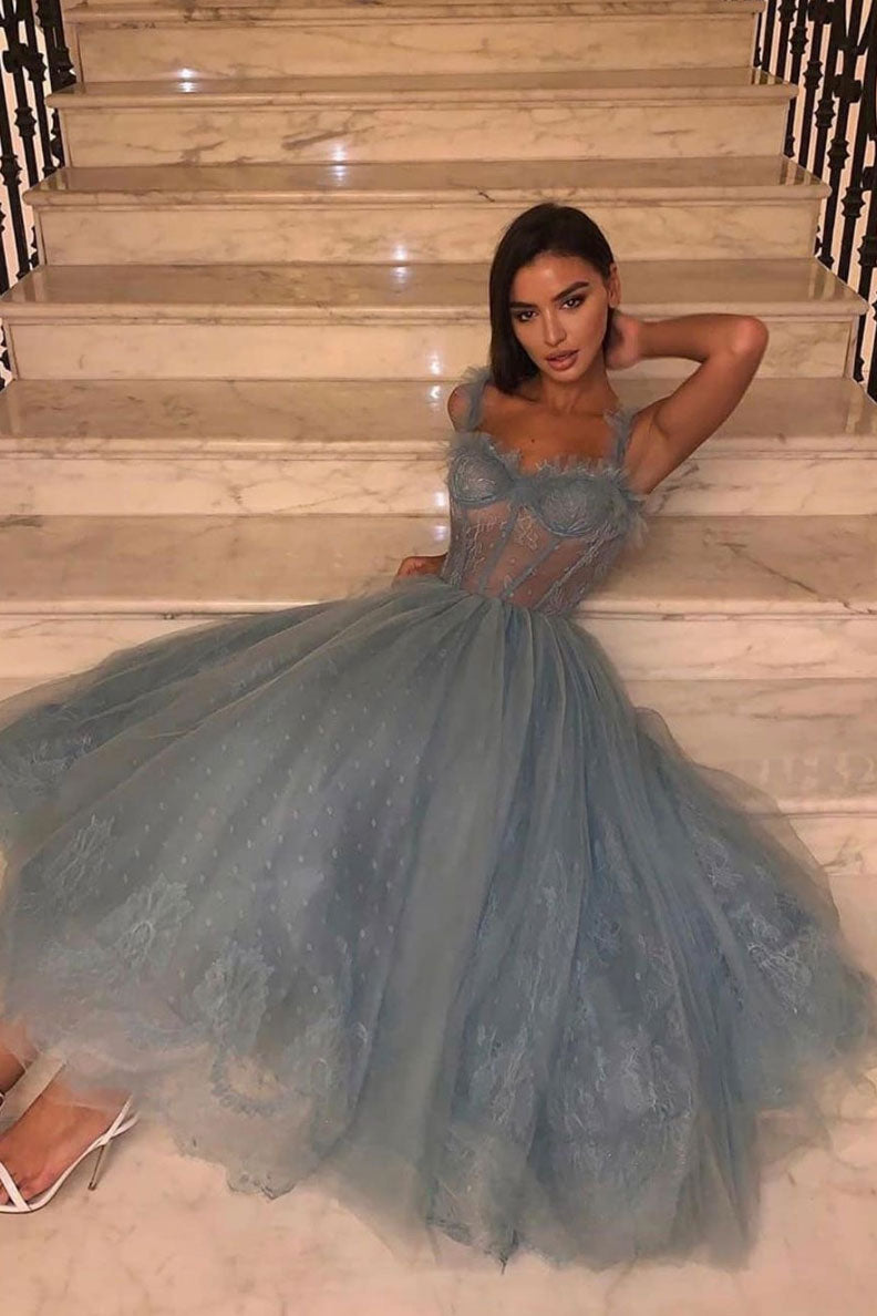 Gray blue tulle lace prom dress tulle lace evening dress