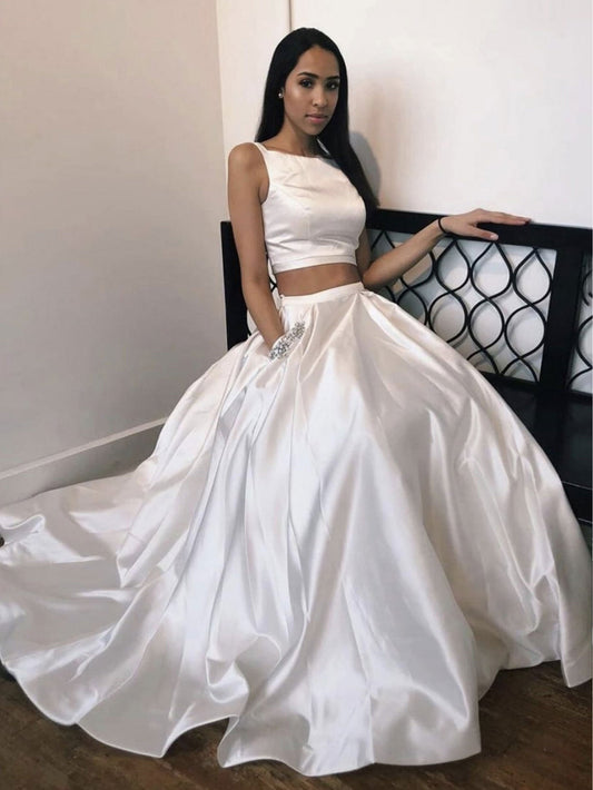 White satin two pieces long prom dress, white evening dress