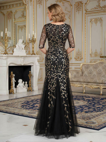 V-Neck Illusion Sleeve Floor-Length Formal Dress Black