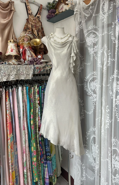 Vintage Silvery Irregular Hem Design A-Line Spaghetti Strap Prom Dress Evening Dress HZ1024
