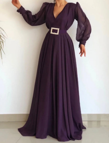Aimishang Elegant A-Line Minimalist Elegant Engagement Formal Evening Dress V Neck Long Sleeve Floor Length Chiffon with Sash / Ribbon Pleats