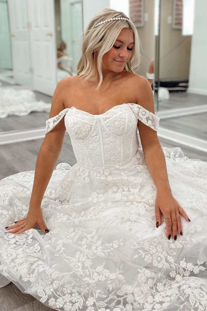 White Floral Lace Off-the-Shoulder A-Line Bridal Gown