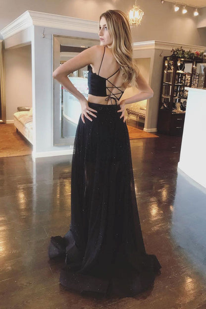 Black two pieces tulle long prom dress black evening dress