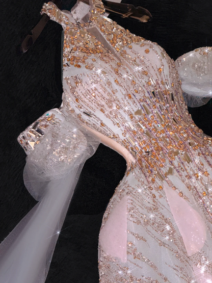 Gorgeous Shiny Pink Beaded Sequined Design A-Line Prom Dress Evening Dress Ball Gown HZ1024