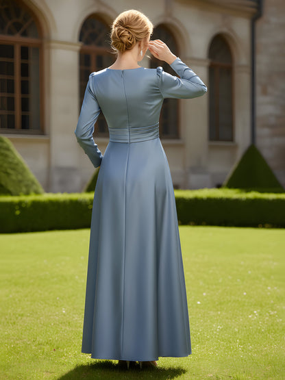 Elegant V-neck Pleated Satin A-Line Gown with Pockets Dusty Blue