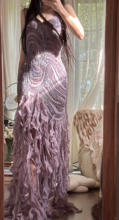 Vintage Purple Sparkling Strapless Design Elegant Chiffon Evening Dress Prom Dresses HZ1024
