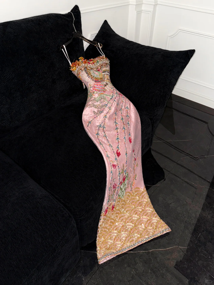 Sparkling Pink Beaded Sequined Design Elegant Mermaid Prom Dress Evening Dress HZ1024