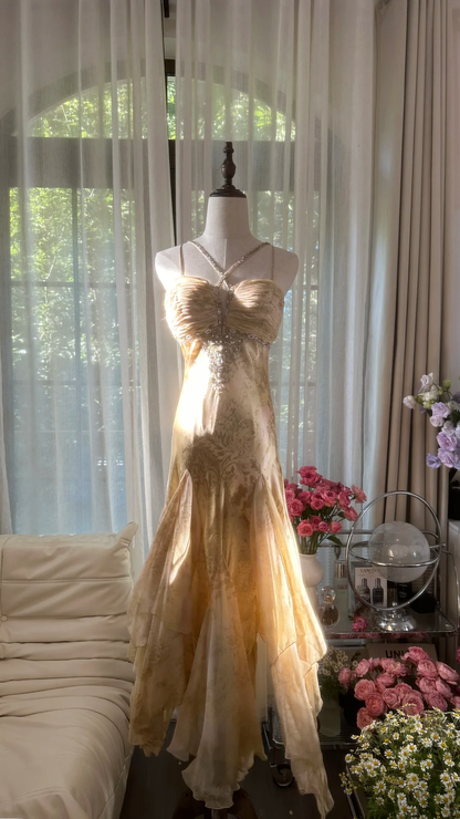Retro Sweetheart Mermaid Spaghetti Strap Design A-line Romantic Chiffon Evening Dress Prom Dress HZ1024