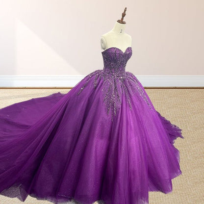 girlhomeshops-Purple shimmering, delicately beaded long tulle ball gown/wedding dress gh6186