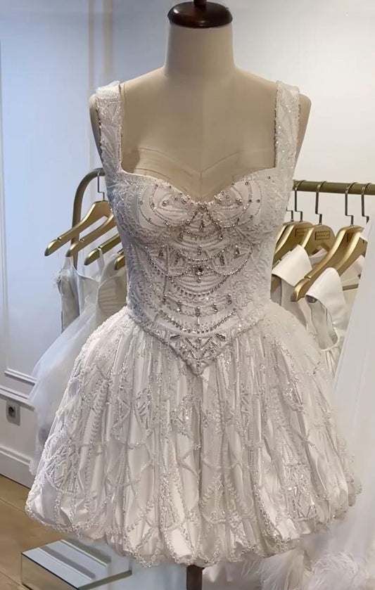Girlhomeshops-White gorgeous beaded short tulle homecoming dress birthday party dress gh5328