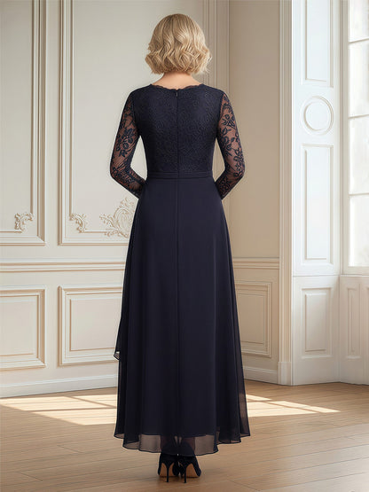 Sheer Long Sleeve Lace Bodice Hi-Low Dress Dark Navy