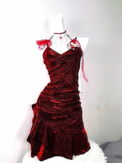 Retro Glitter Burgundy Spaghetti Strap 18th Birthday Party Dress Homecoming Dress HZ1024