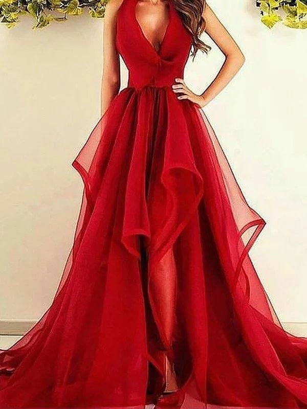 A-Line/Princess V-Neck Sleeveless Asymmetrical Ruffles Organza Dresses - RongMoon
