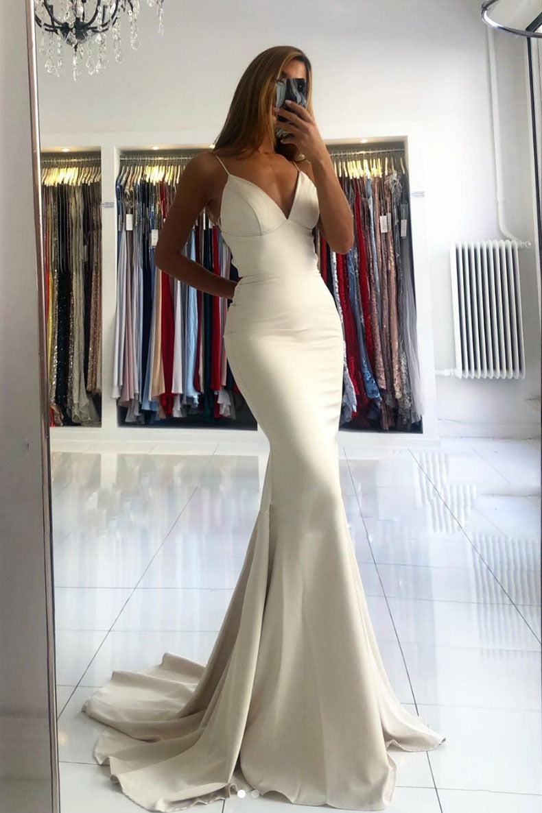 Simple v neck Ivory satin mermaid long prom dress