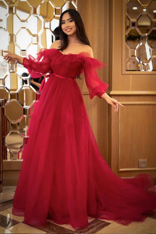 Red tulle long prom dress red tulle formal dress