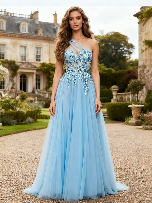 One-Shoulder Tulle Gown with Delicate 3D Applique Sky Blue