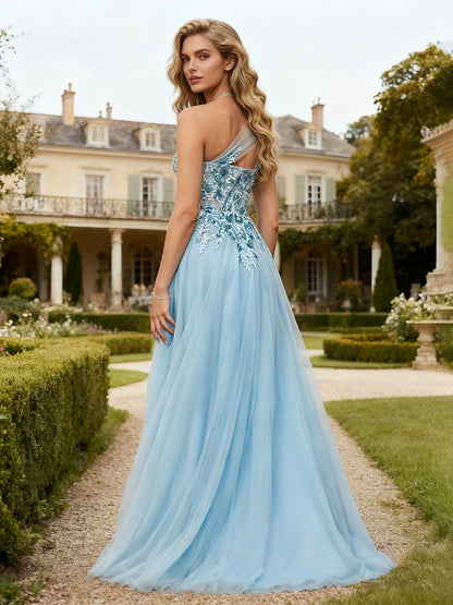 One-Shoulder Tulle Gown with Delicate 3D Applique Sky Blue
