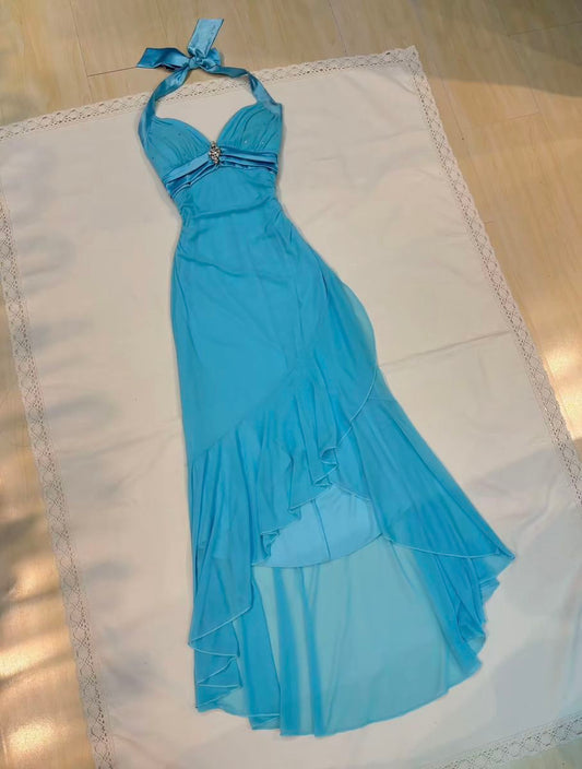 Blue Fairy Dress, Long Chiffon Halter Dress gh6870