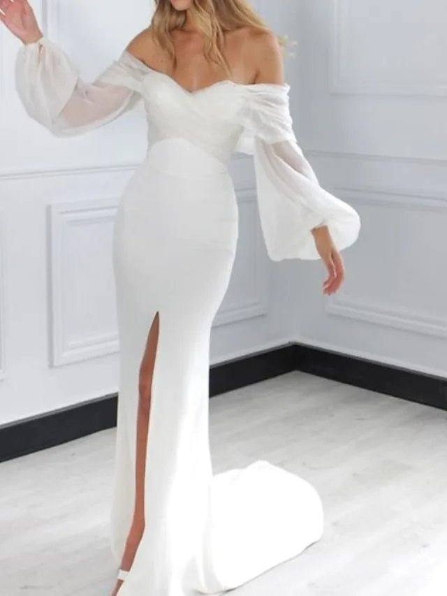 Sheath / Column Wedding Dresses Off Shoulder Court Train Chiffon Long Sleeve Simple - RongMoon