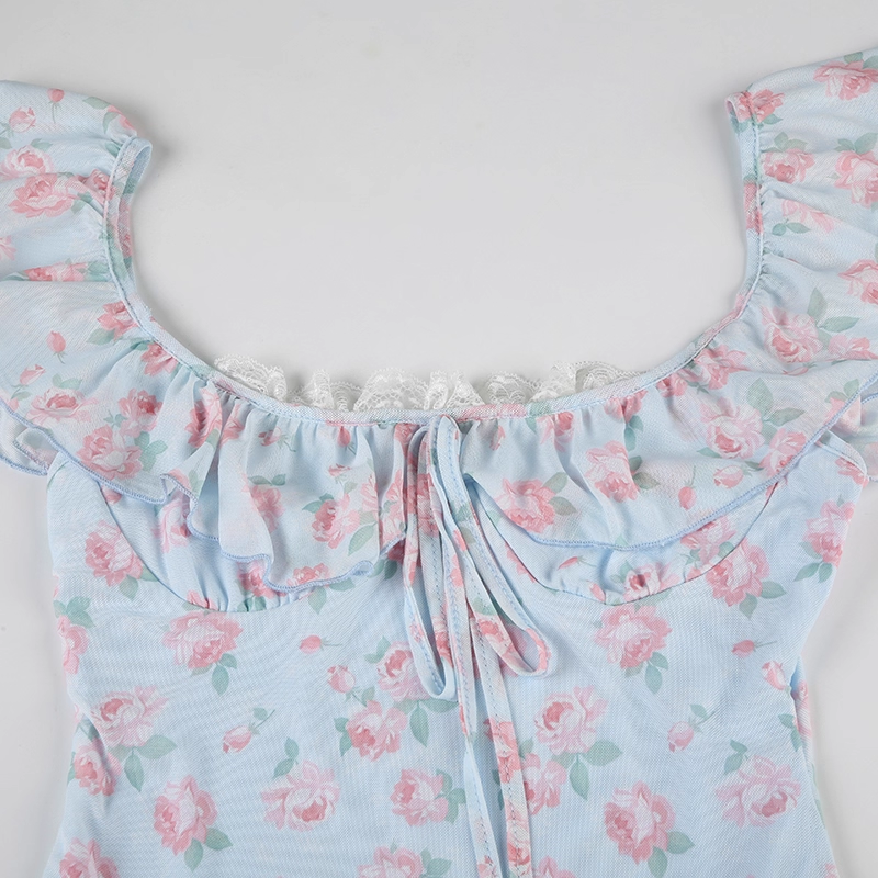 Cute Light Blue Floral Square-neck A-Line Short Summer Dresses Party Dress Homecoming Dress HZ1024