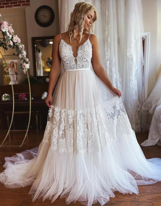 Aimishang Wedding Dress A-Line Court Train Spaghetti Straps Boho Tulle