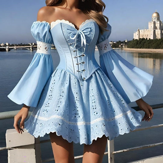 Girlhomeshops-Blue Vintage Corset Sweet Long Sleeve Short Satin Chiffon Homecoming Dress gh5336