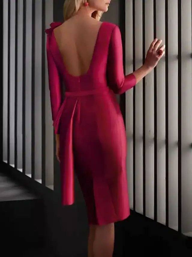 Two Piece Sheath / Column Mother of the Bride Dress Elegant V Neck Knee Length Satin 3/4 Length Sleeve with Ruching Flower - RongMoon