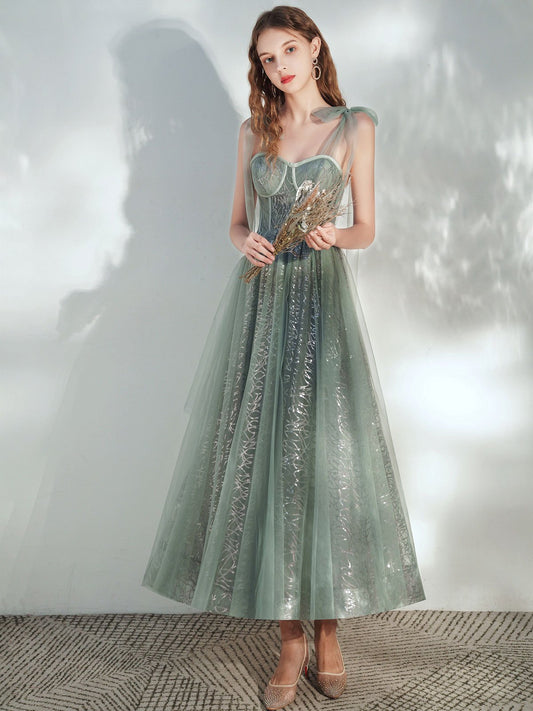 Green sweetheart neck tulle tea length prom dress, green evening dress