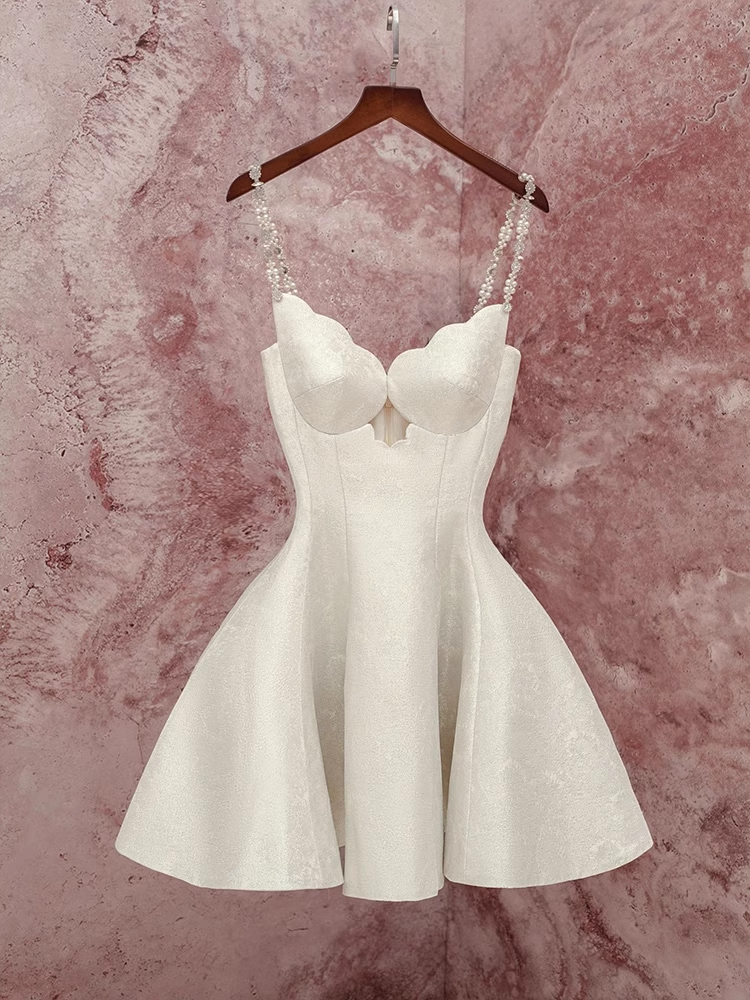Fashion Beige Pearl Design A-line Spaghetti Strap Party Dress Homecoming Dress HZ1024