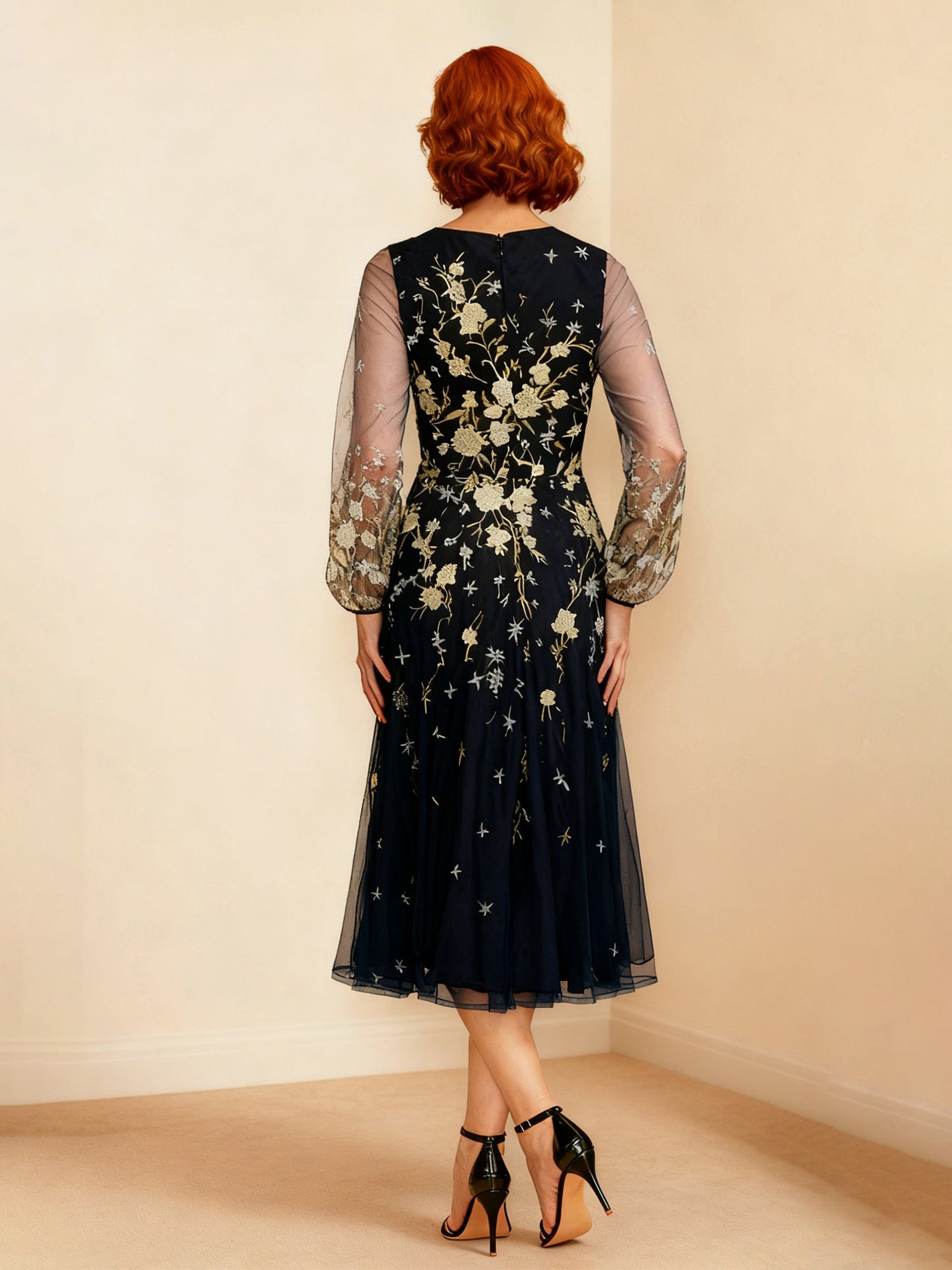Embroidered Tulle Illusion Long Sleeve Midi Dress Dark Navy
