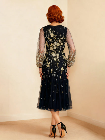 Embroidered Tulle Illusion Long Sleeve Midi Dress Dark Navy